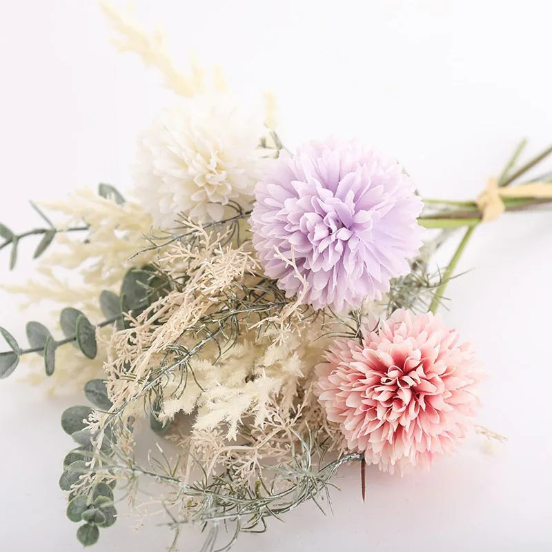 

3 Heads Plastic & Faux Silk Artificial Flower Rime Miscellaneous Flower Bunch Ball Chrysanthemum For Wedding Party Home Decor