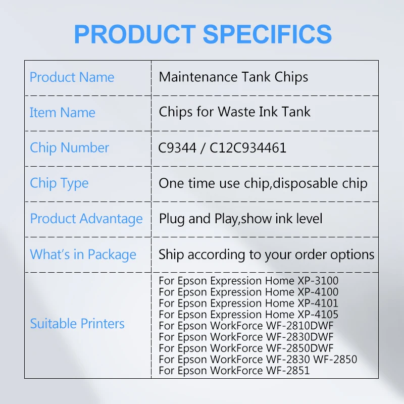 

C9344 C12C934461 Maintenance Tank Chip For Epson XP-3100 XP-4100 XP-4101 XP-4105 WF-2810 WF-2810DWF WF-2830 WF-2850 WF-2851 Chip