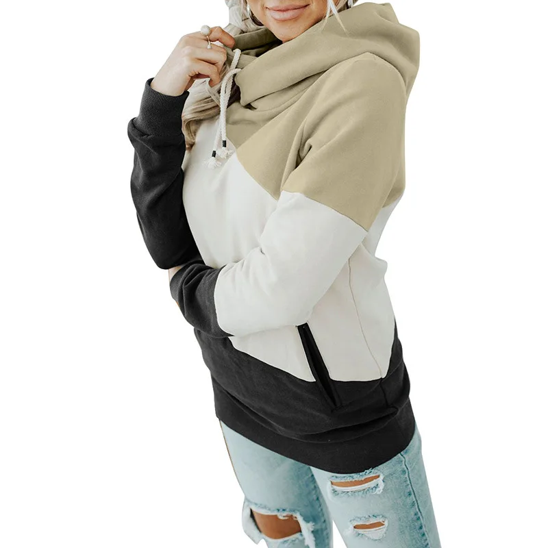 

Autumn and winter long-sleeved color block color matching European and American new loose hooded ladies sweater