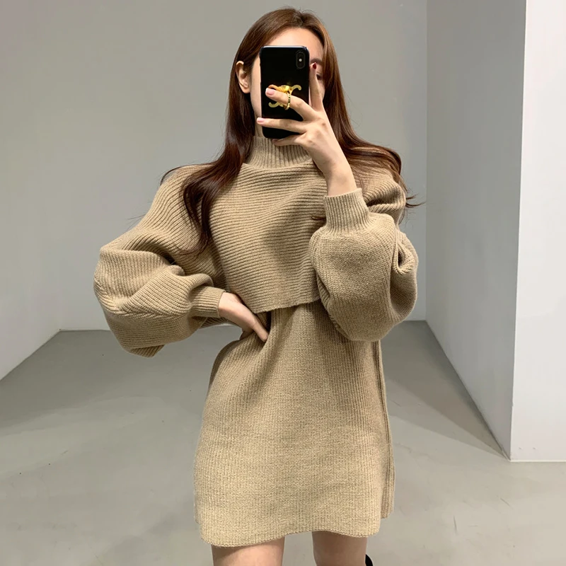 

Woman Dress Sets 2021 New Korean Fashion Elegant Solid High Neck Shawl Lantern Sleeve Pullover Sweater and Knit Short Dress Set