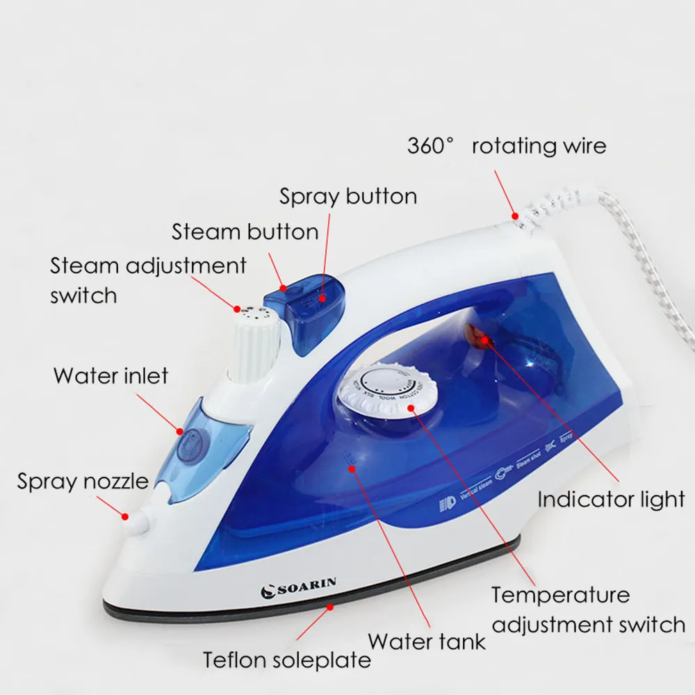 1800w Steam Iron Handheld Multifunction Adjustable Portable Household Teflon Soleplate Electric For Clothes | Бытовая техника