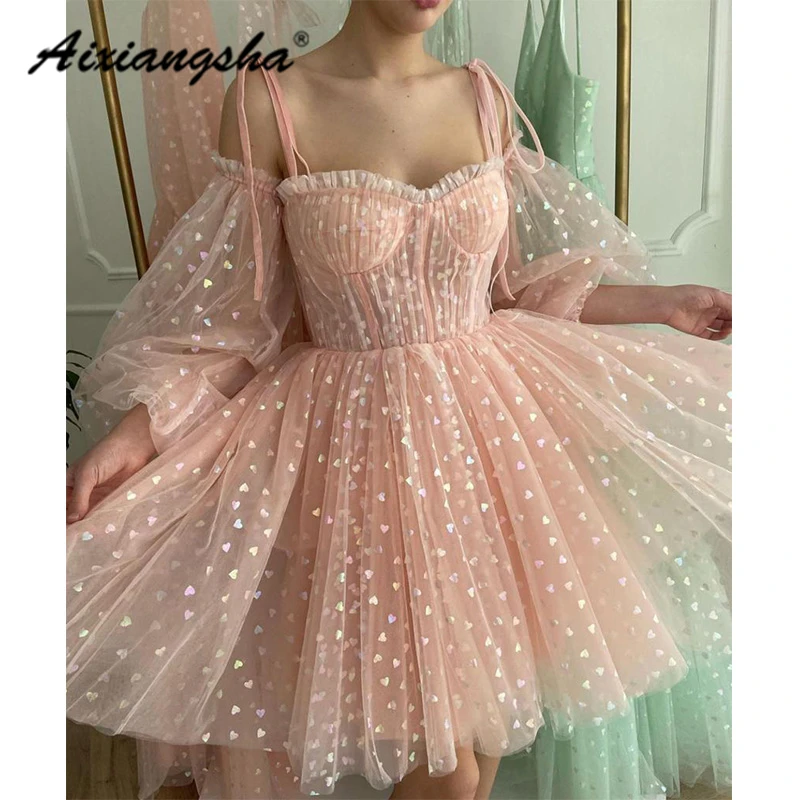 

Aixiangsha Real Pink Evening Dresses Shiny Heart Sweetheart Spaghetti Strap Puffy 3/4 Sleeve Graduation Gowns French Style