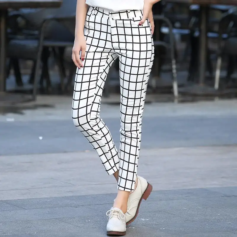 

Women 2021 Spring Summer Fashion Stretch Skinny Casual Pants Female High Waist Plaid Trousers Ladies Slim Pencil Pants R168