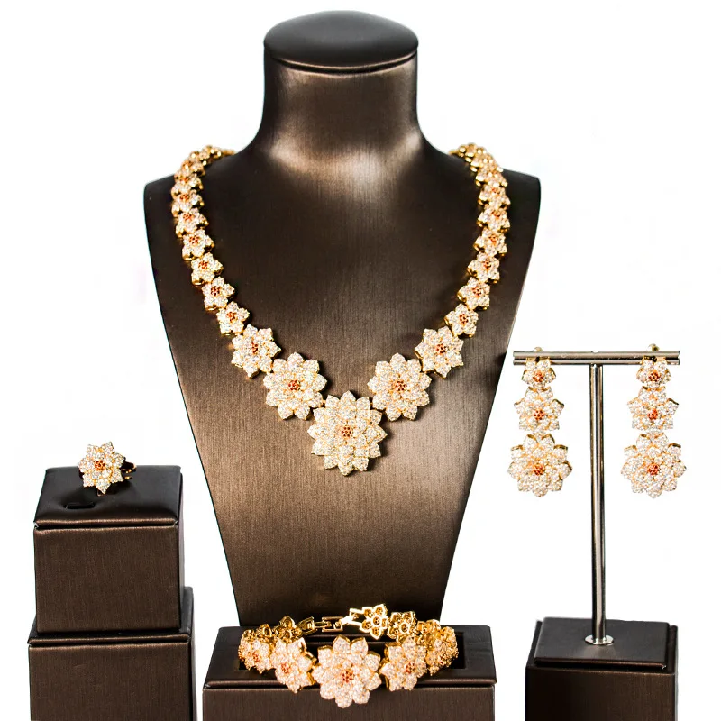 

Lanfu Middle East 24K gold red copper alloy micro-inlaid zircon flower bride jewelry set necklace manufacturer