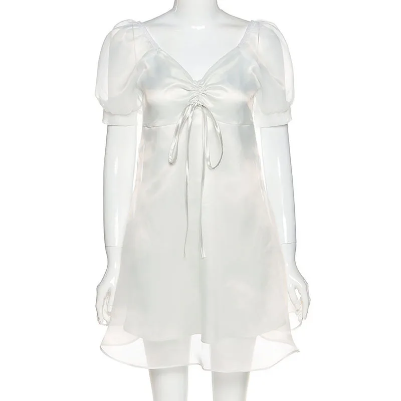 

2021 Summer Women's New Mesh Bubble Sleeves V-neck Halter Doll Dress Skirt
