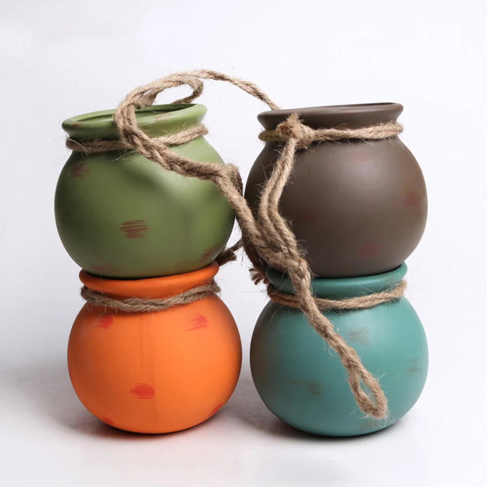 

4pcs Hanging Ceramic Pot Planters Wall Ceiling Mount Succulent Plant Pot Planters Container Bonsai Pots with Hemp Rope (