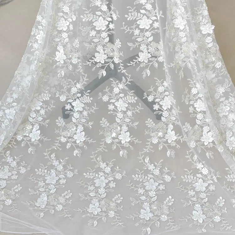 

Luxury 3d appliqued tulle lace embroidery with beads shiny, Off white, Wine red color in stock, 1 yard 2020 NEW dress lace