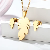 vintage stainless steel feather necklace and earrings set simple leaf chain women small gift for sister friend jewelry set 2020