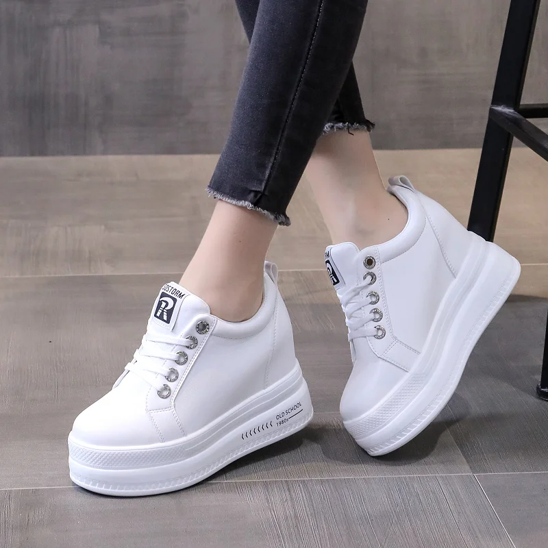 

Woman Autumn Comfortable Breathable Women White Shoes 8CM Heels Height Increasing Platform Sneakers Casual Shoes Size 34-40