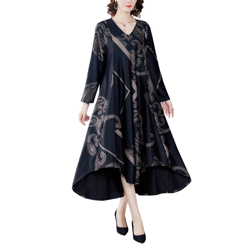 

2021 Autumn Winter 4XL Plus Size Dresses Black Print Warm Maxi Elegant Women Long Sleeve Dress For Vintage Bodycon Party Classy