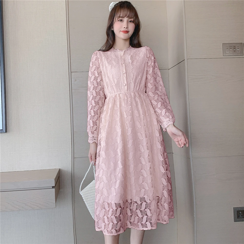 

2021 New Arrival Spring Autumn Women Long Sleeve Slim Evening Dress High Quality Vintage Hook Flower Hollow Out Lace Dress