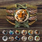 Браслеты с тигром для женщин и мужчин, модные тигры, стеклянный кабошон, браслет с животными, ювелирные изделия, коричневый многослойный веревочный браслет