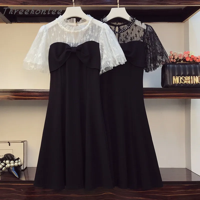 

Plus Size Summer 2021 Women Lace Sexy Party Dress Beading Mesh Sleeve Patchwork Bow Ladies A-Line Female Elegant Dress Vestidos
