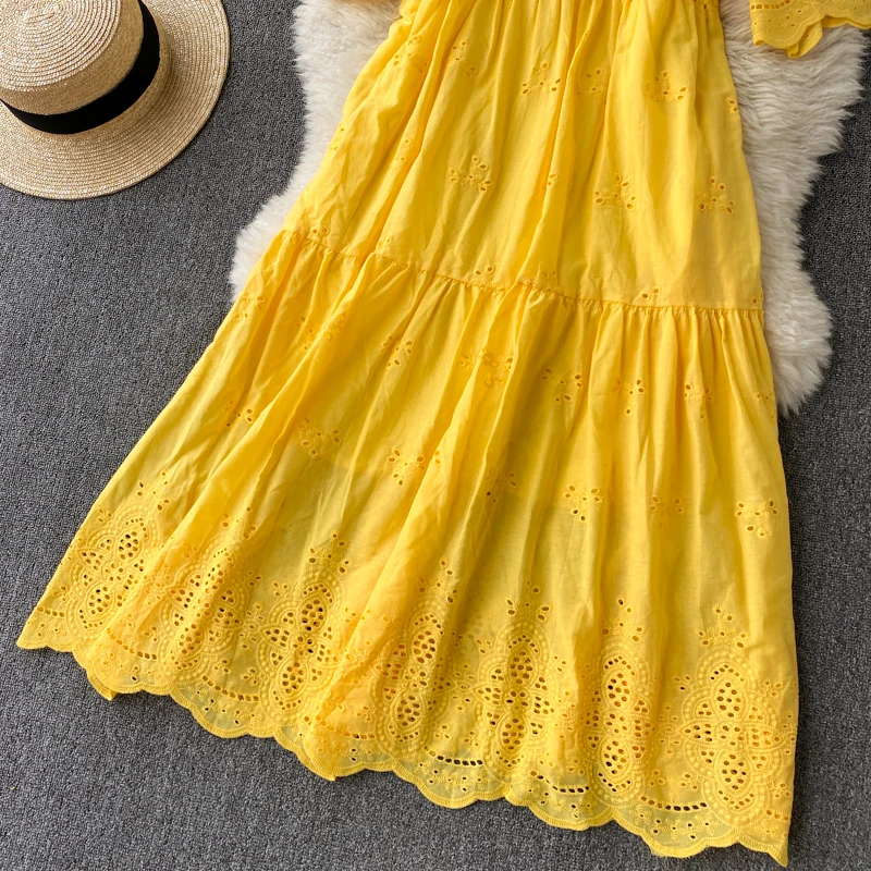 

Elegant Solid Hollow Dress Women Korean O Neck Short Sleeve A-line Dresses Summer Casual Loose Streetwear Midi Dress