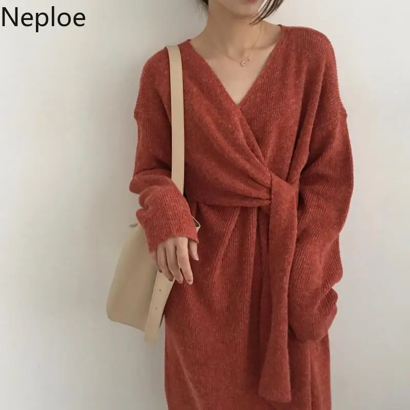 Neploe V Neck Slim Waist Lace Up Sweater Dress Autumn Loose Solid Maxi Vestido Cardigan Sueter Mujer Invierno 2020 46149 | Женская