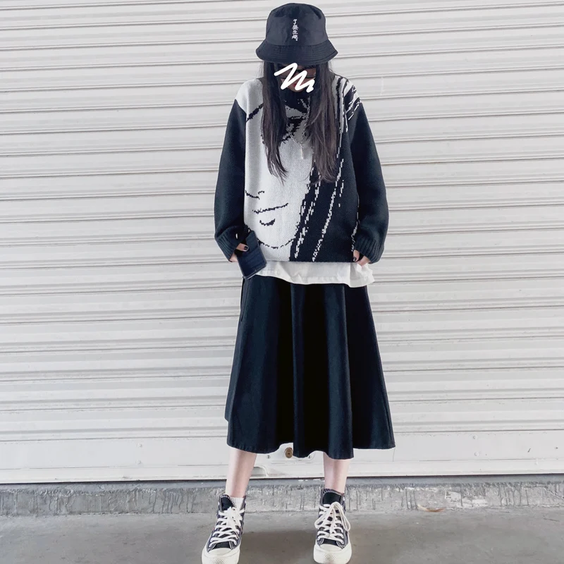 Свитер женский осенний вязаный с круглым вырезом и длинным рукавом рисунком