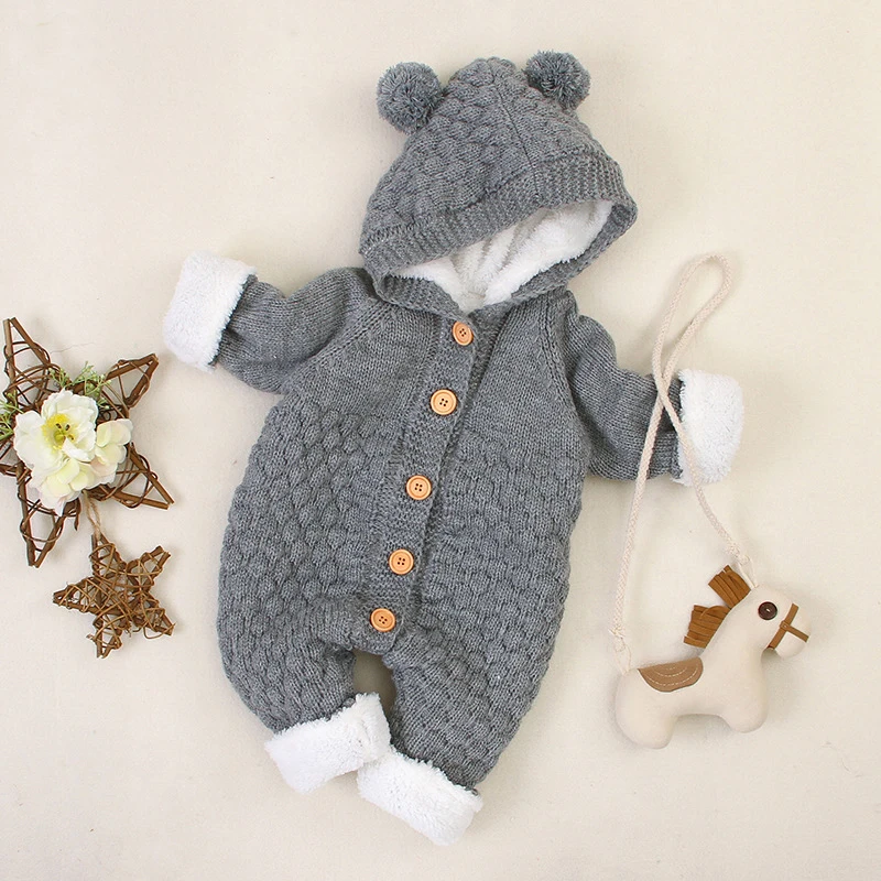 

LZH Baby Clothes Store New Thicken Baby Romper Autumn Winter Warm Infant Baby Clothing Kids Bear Ear Hooded Jumpsuit 3-24 Months