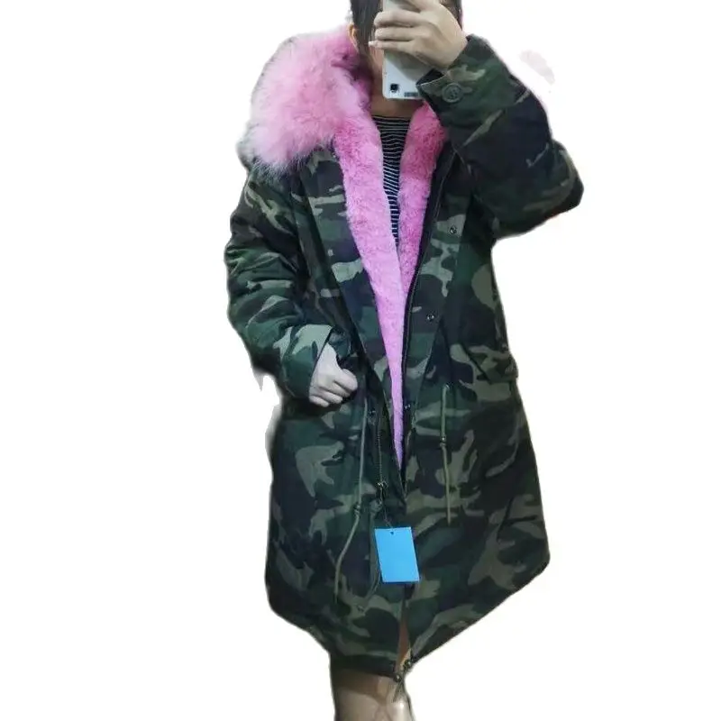 2017 Камуфляжная парка для Mr Mrs Wear розовая меховая подкладка с капюшоном из