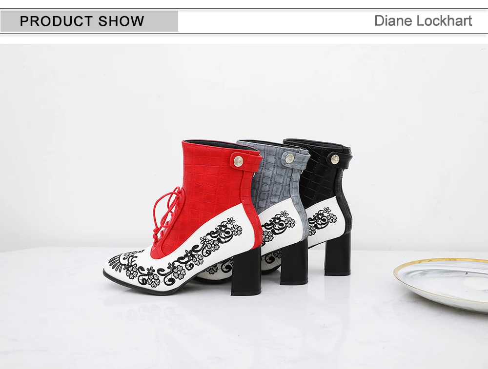 Retro Printed Booties Leather Women Ankle Boots Embroidery High Heels Casual Woman Shoe Zipper Vintage Female Footwear Boot 37