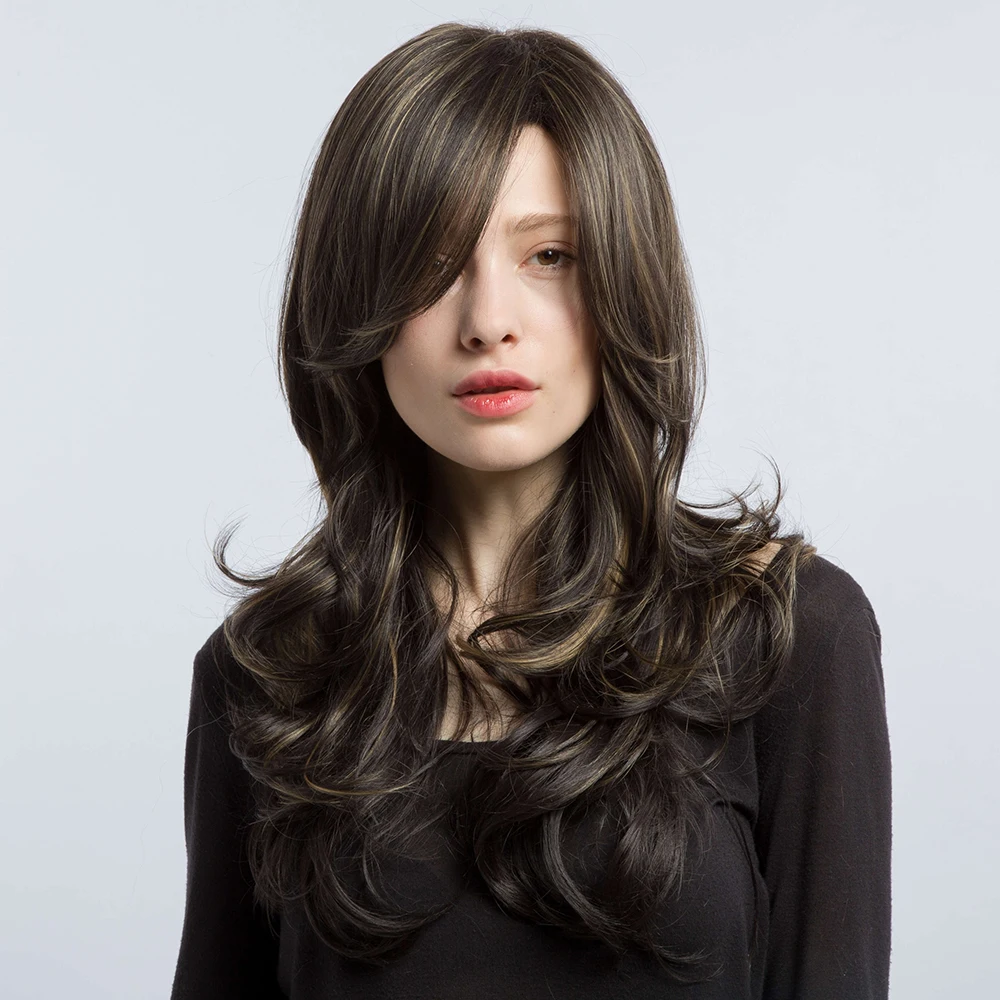 Длинные парики блонд коричневые волнистые с челкой для женщин синтетические