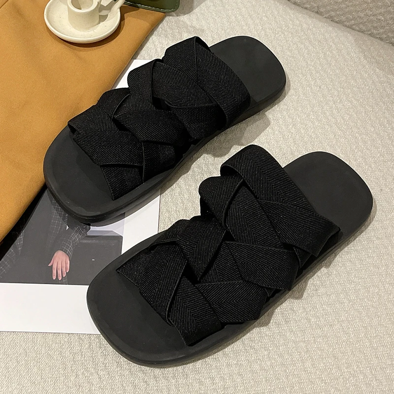 

Summer 2021 Women Sandals Flat Flip Flops Two Wear Elastic Upper Woven Design Home Living Room Bedroom Leisure Woman Shoes