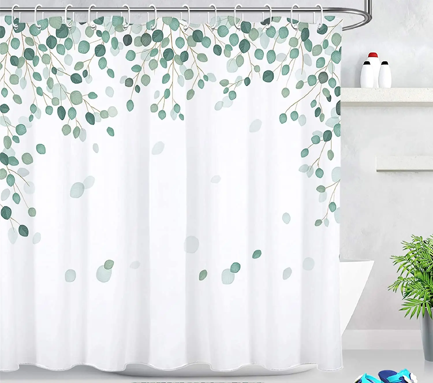 

Green Leaf Shower Curtain Watercolor Eucalyptus Leaves Botanical Plant Bathroom Decor Waterproof Polyester Fabric with Hooks