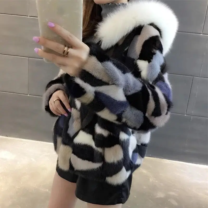 Натуральное меховое пальто 2020 короткое с норковым мехом + лисьим меховым