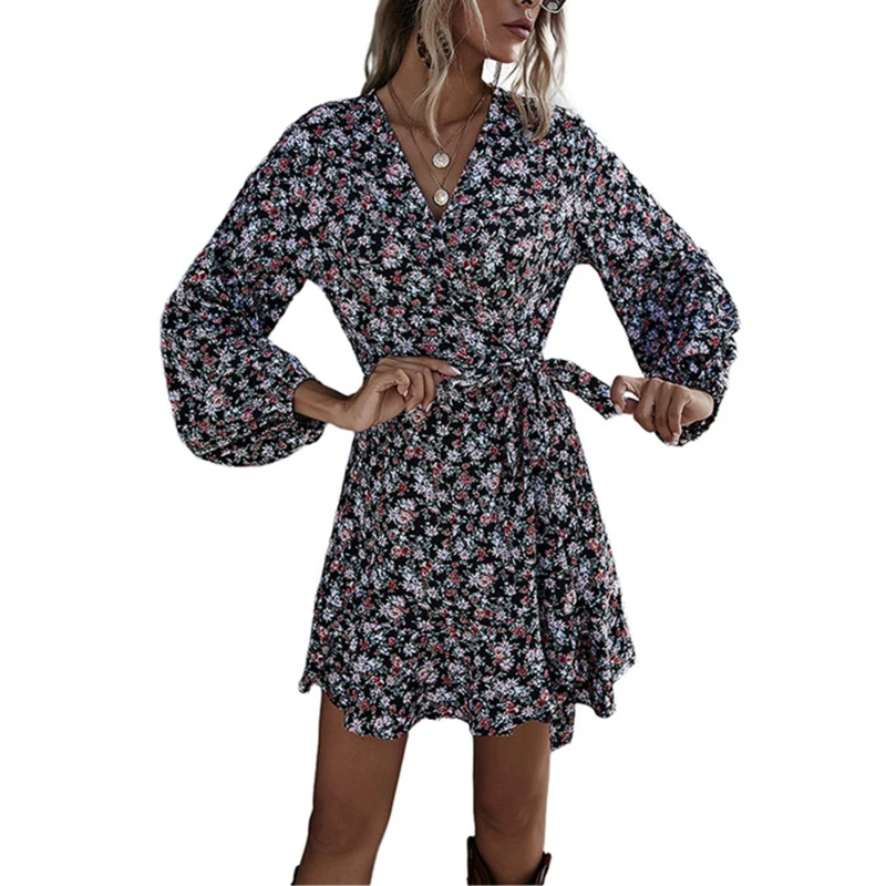 

Spring New Short Print Dress Women Casual Lantern Sleeve Ruffles High Waist Floral Dress For Women 2021 Summer Dress