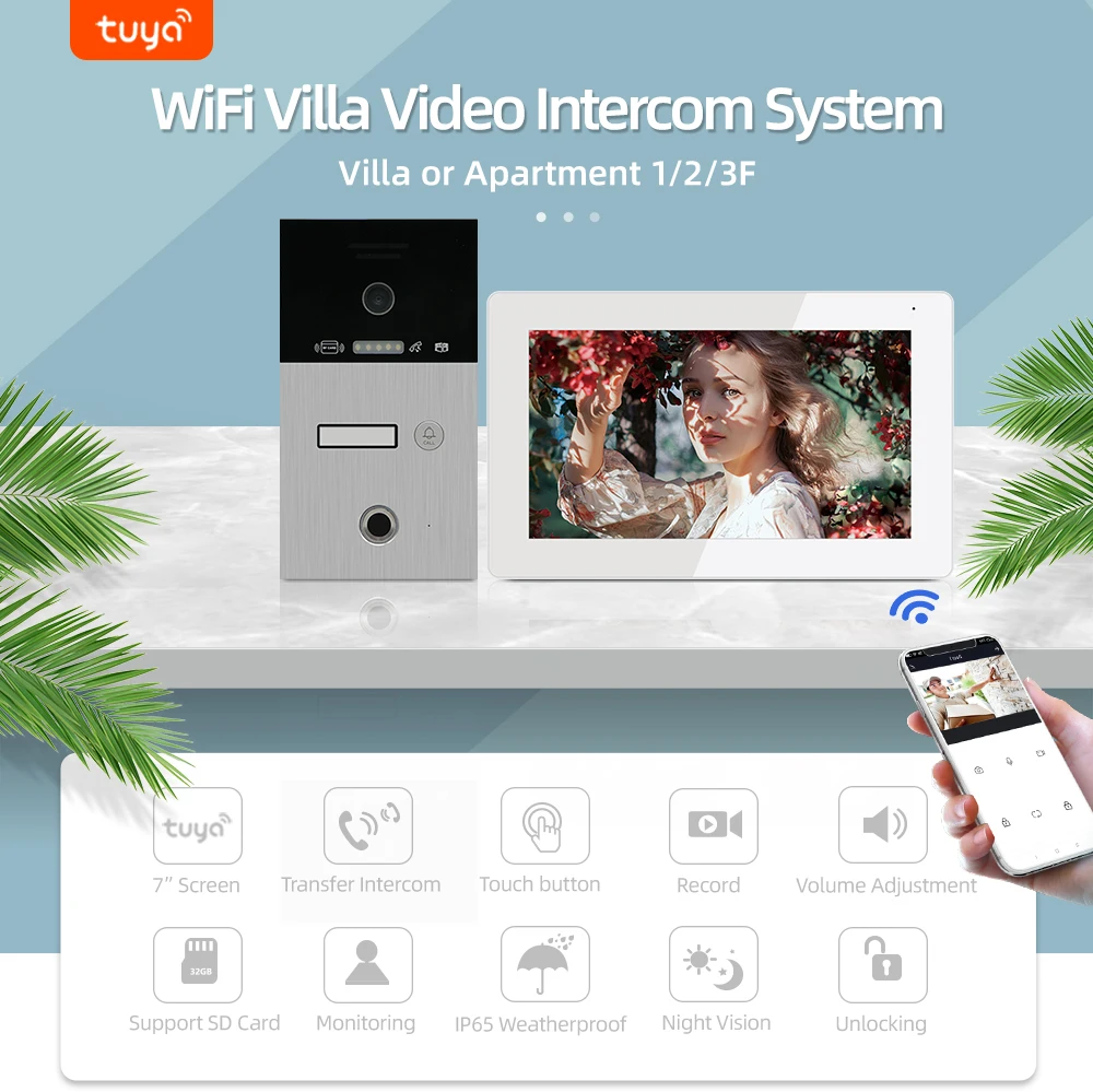 Фото Jeatone TUYA 7 ”IP WIFI беспроводной видеодомофон для квартиры 1F/2F/3F монитор дверной звонок наружный унитаз с отпечатком пальца RFIC кодер №2