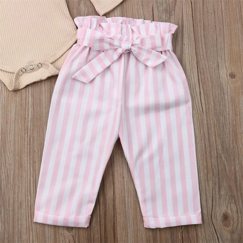 

2020 Spring Fall Newborn Infant Baby Girl Clothes 2PCS Ruffle Long Sleeve Romper Striped Pants Baby Girl Outfits Clothing Set