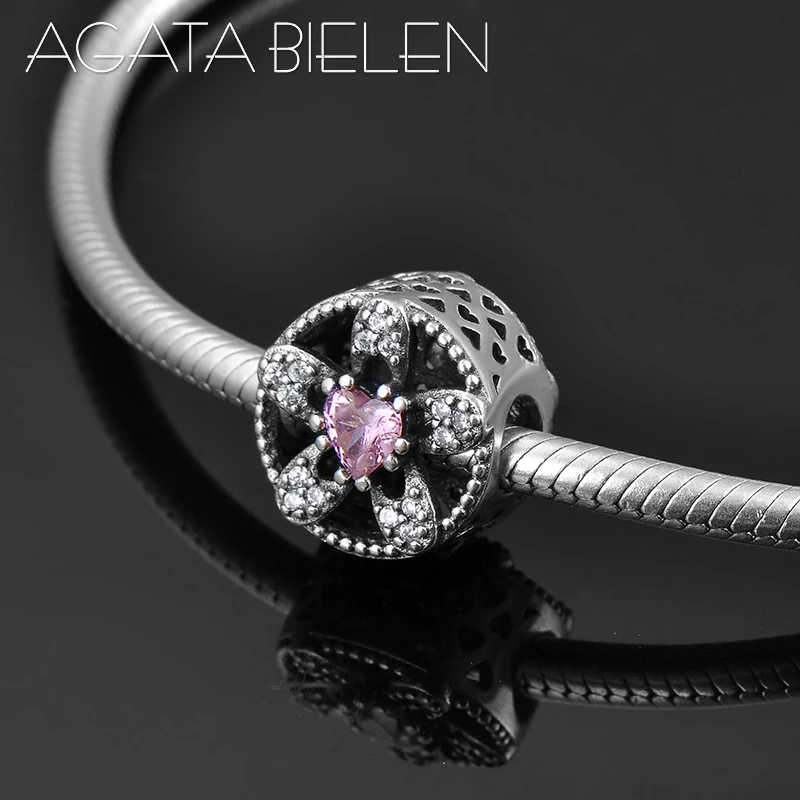 Holiday gifts 925 Sterling Silver hollow out flower shape pink CZ Beads for Jewelry making Fit Original europeu Charm Bracelet | Украшения