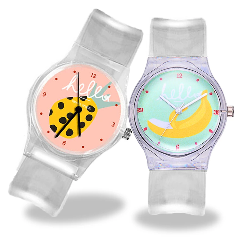 

Часы наручные детские с силиконовым ремешком, прозрачные Спортивные, с фруктами, бананом, с браслетом для обучения времени, подарок на день ...