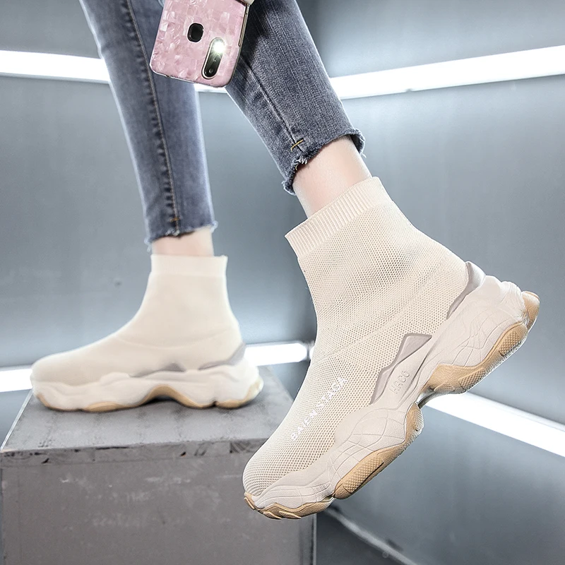 Women High Top Sock Shoes Chunky Sneakers Slip-on Ladies Platform Casual Shoes Autumn New Women Shoes botas mujer 998w