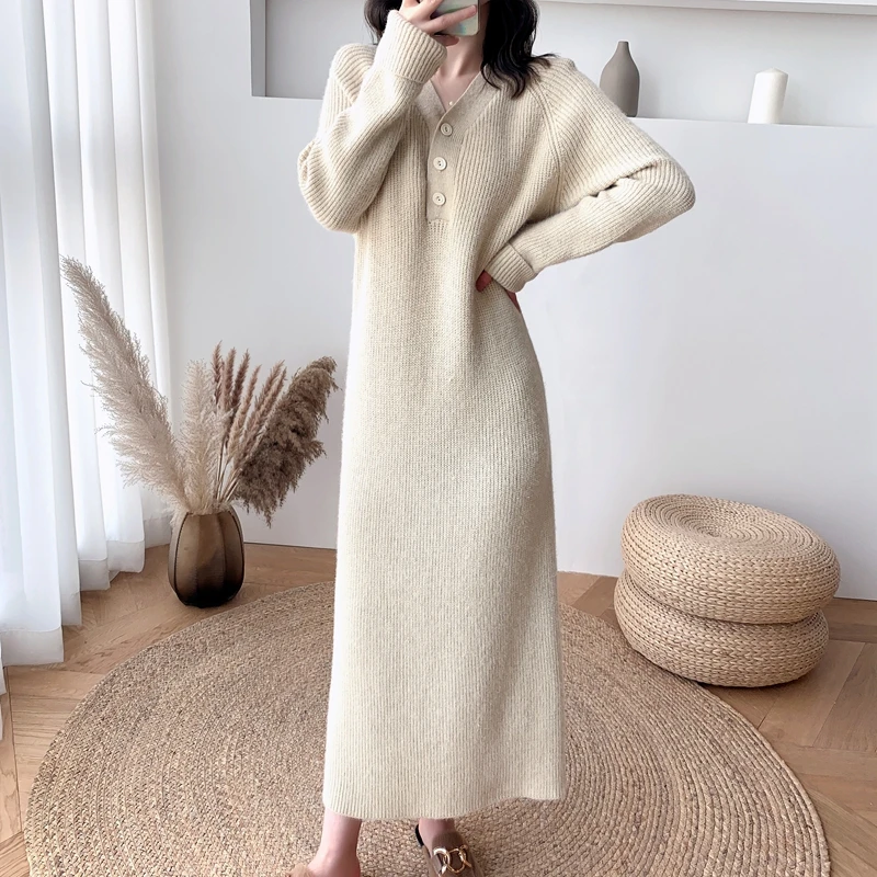 

Make firm offers new autumn and winter high quality long v-neck knitting dress with coat wool dress girl