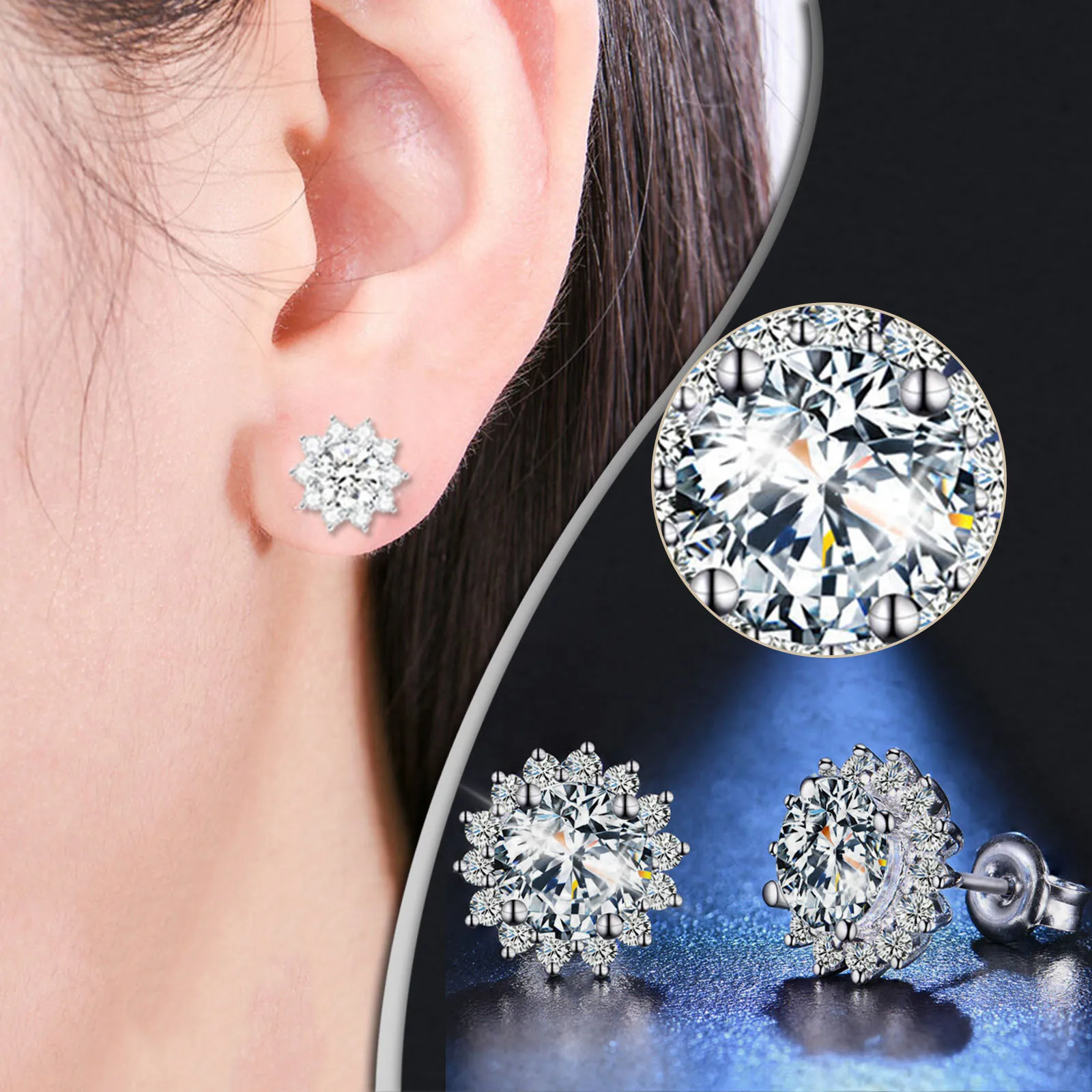 Женские серьги гвоздики серебряного цвета с круглыми камнями #