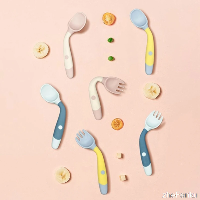 

Silicone Spoon For Baby Utensils Set Auxiliary Food Toddler Learn To Eat Training Bendable Soft Fork Infant Children Tableware