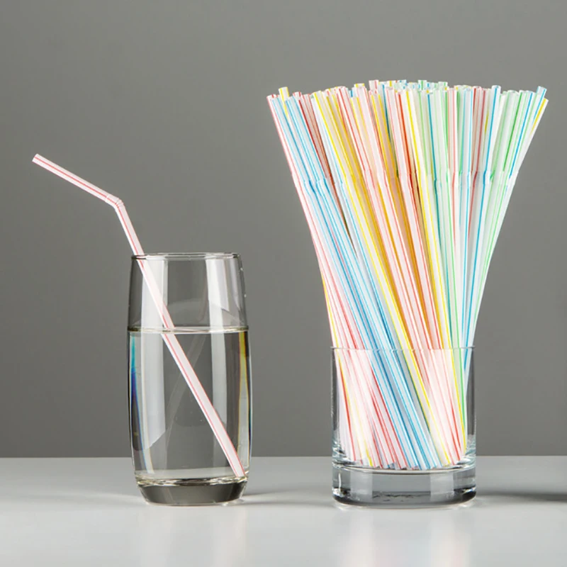 

100Pcs Disposable Plastic Drinking Straws Multi-Colored Striped Bendable Elbow Straws Party Supplies Color Random