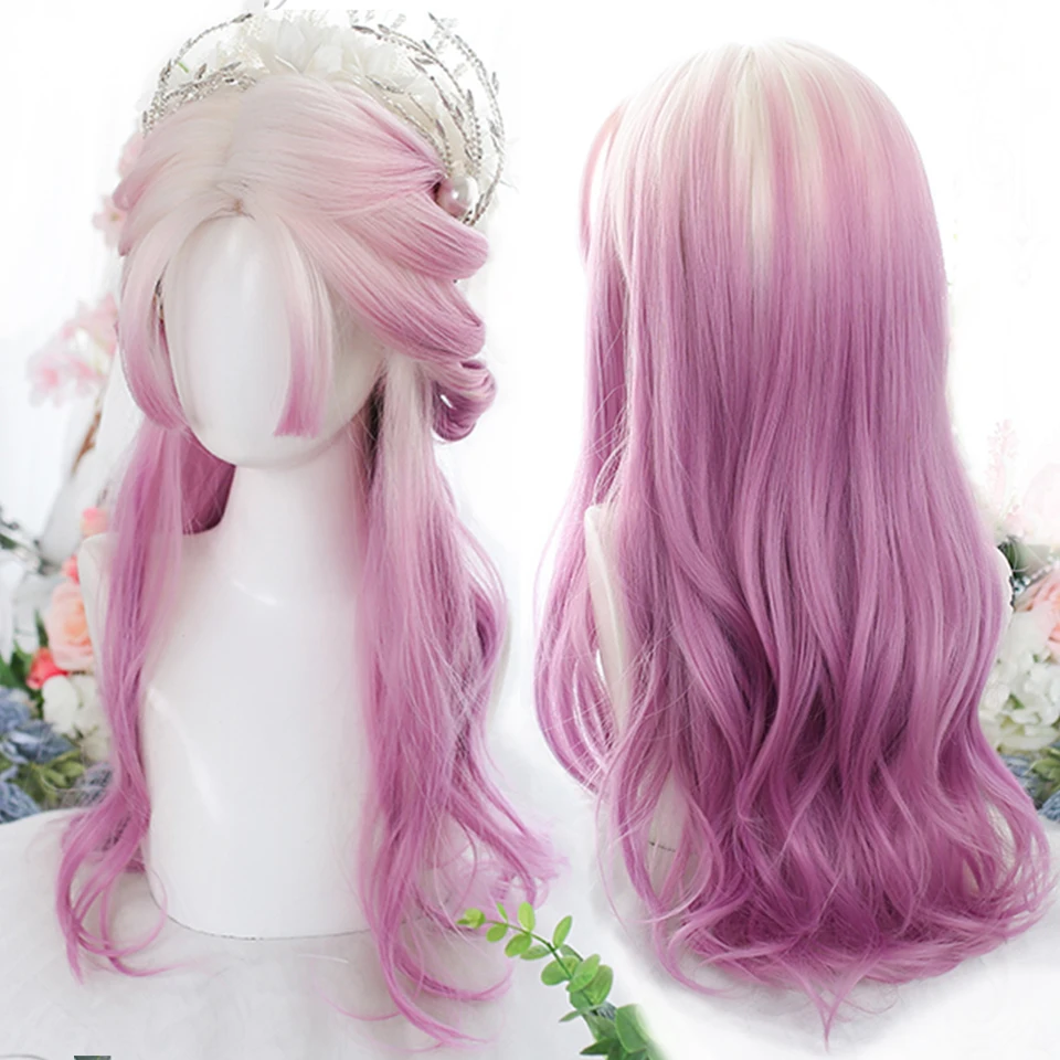 HOUYAN Long wavy gradient color synthetic wig cosplay pink purple blue wig Lolita Harajuku wig with bangs natural wig