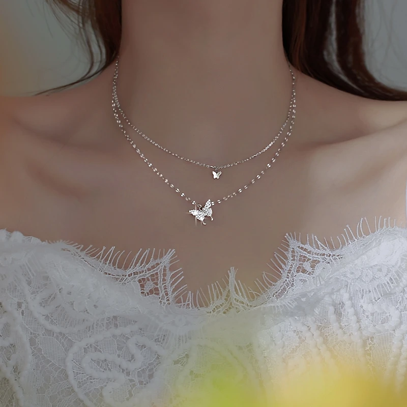 

925 Sterling Silver Shiny Butterfly Tassel Necklace Female Exquisite Double Layer Pendant Clavicle Chain Wedding Party Jewelry