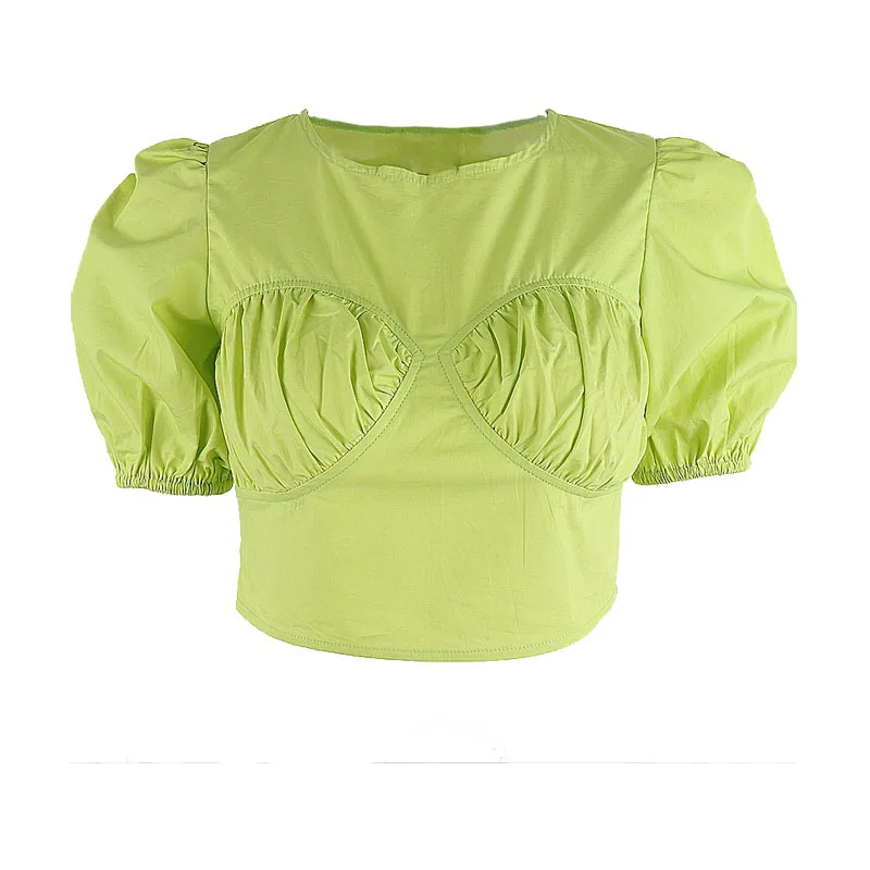 

2021 Short Puff Sleeve Sexy Crop Top Green Vintage Summer Women Fashion Street Wear Outfits T-shirts Tees Y2k Style
