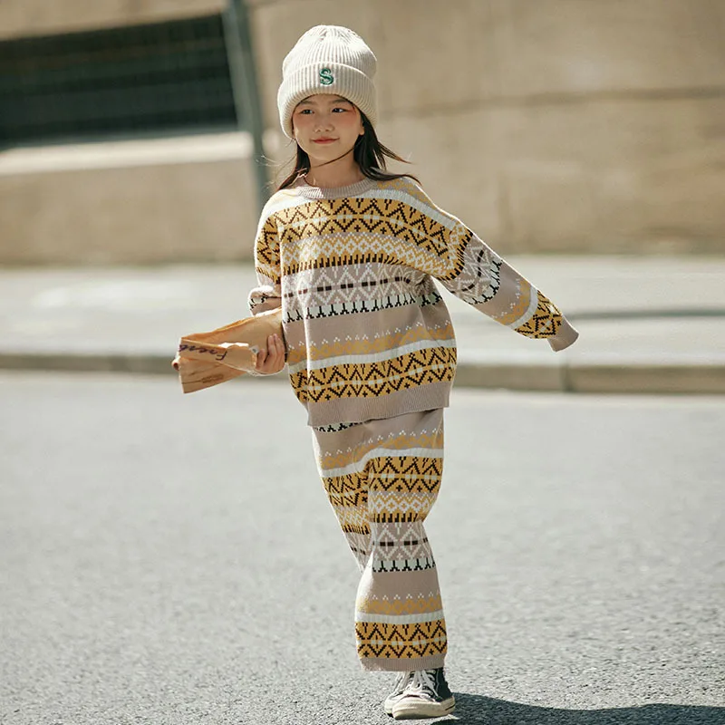 

Winter Girls Clothing Sets Autumn Fashion Thicken Kids Sweater Pullover Tops Pants Suits Teen Casual Retro Children's Tracksuit