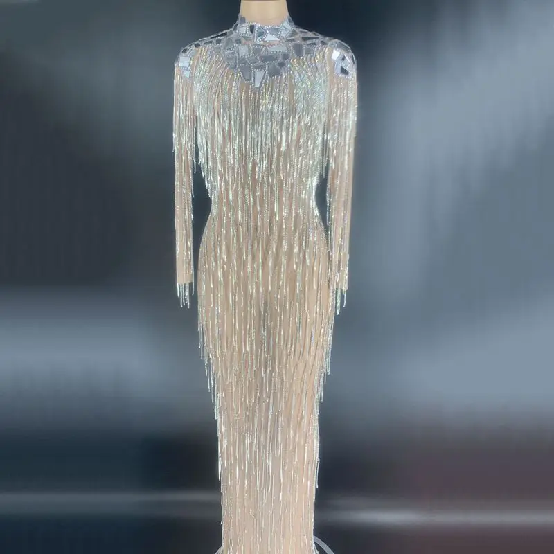 Серебристое Стразы платье с бахромой женский вечерний наряд для выпускного