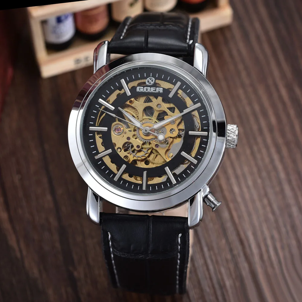 

Fashion Casual Men Watches GOER Luxury Brand Watches Men Automatic Mechanical Skeleton Watches Leather relogio masculino Winner