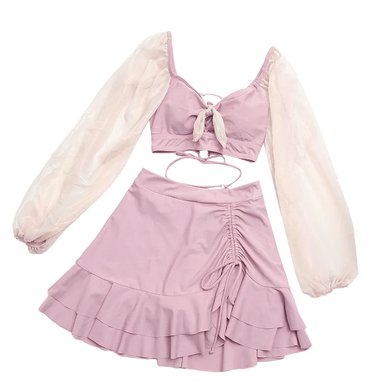 

Women Swimwear And Beachwear Big Size Swimsuit 2021 One Piece Bikini Set Suit Long Sleeve Lace Divided Skirt Bubble Hot Print