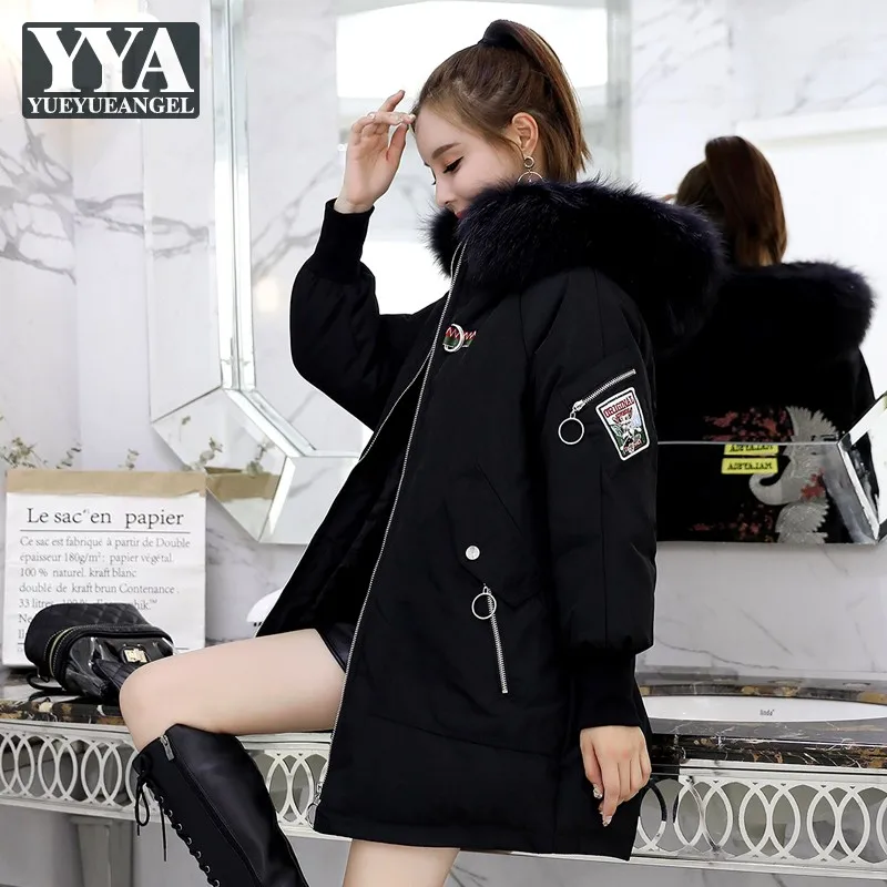 

Winter Women Warm Parkas Fur Collar Hoodie Thick Mid Long Overcoat Loose Fit Embroidery Parka Korean Style Female Cargo Jacket