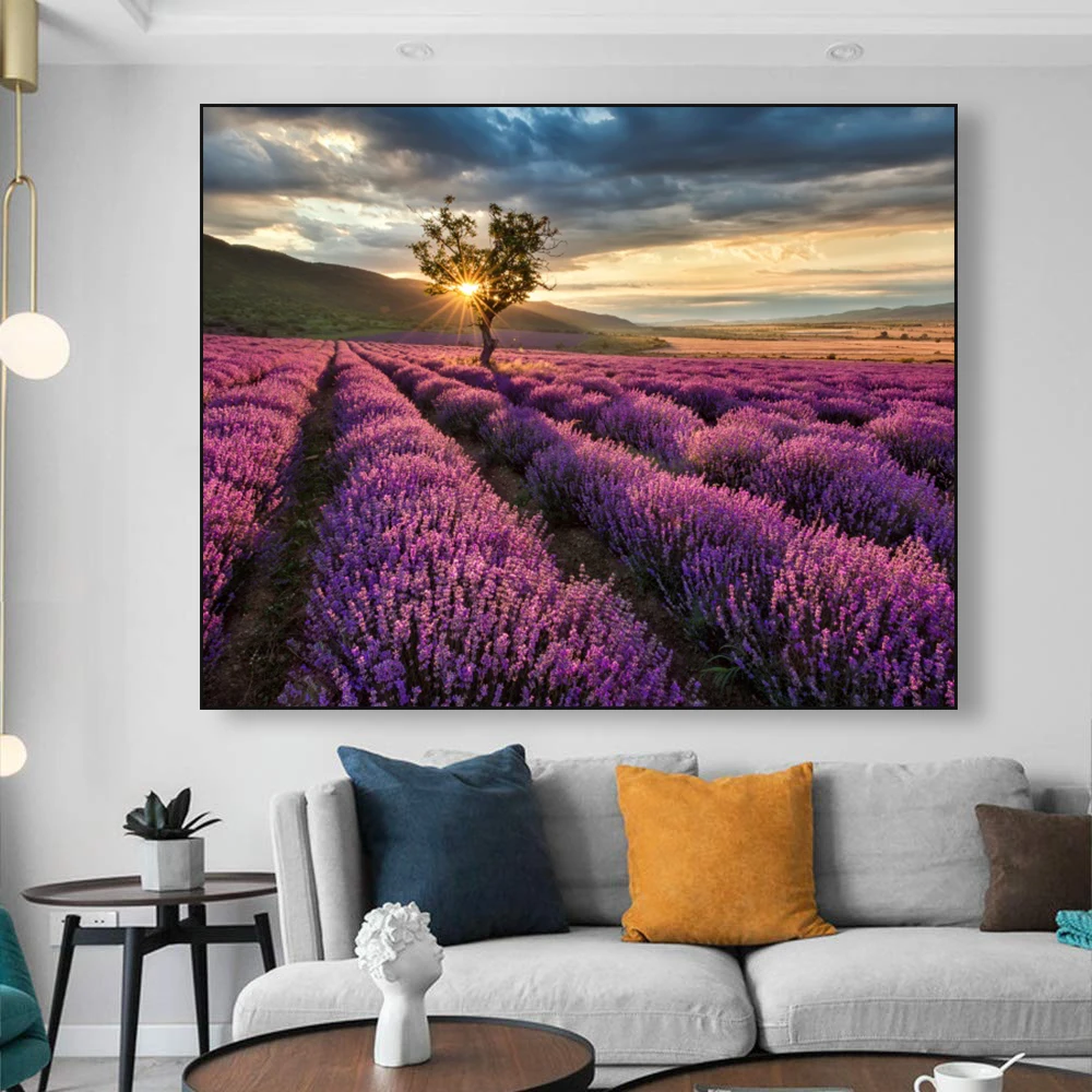 Постер с цветами лаванды пейзаж холст живопись скандинавский Декор для дома