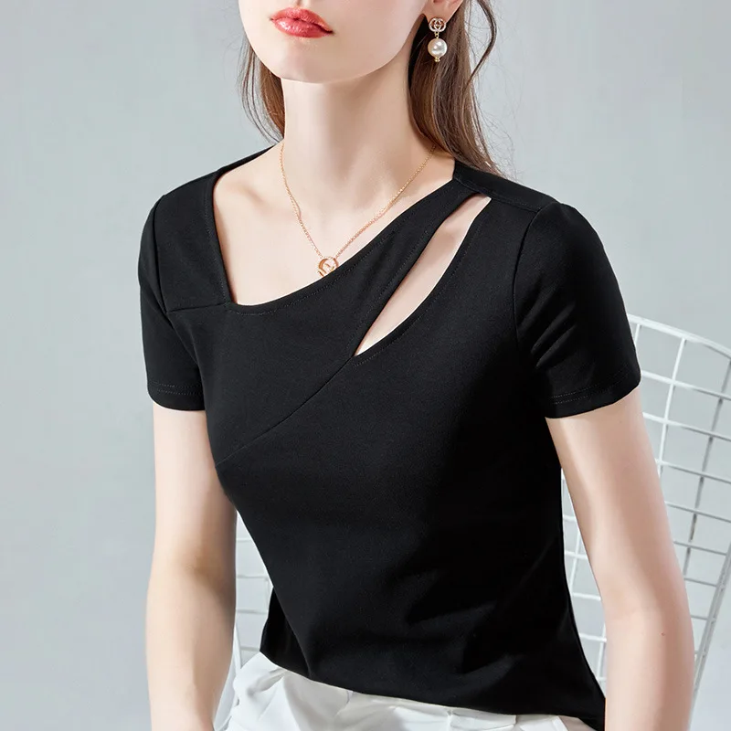 

Black short sleeve T-shirt women's oblique V-neck summer women's new cotton T-shirt fashion design top