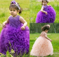 new cute puffy baby girls flower girl dress purple pink toddler sheer crew neck lace appliques ball gown princess girls pageant