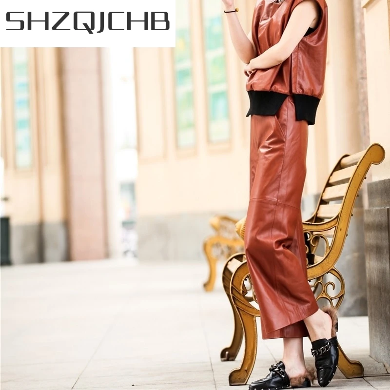 

JCHB 2021 New Spring Women Brown Genuine Leather Pants High Quality Loose Fit Wide Pants Ladies Trousers Streetwear Fashion Fem