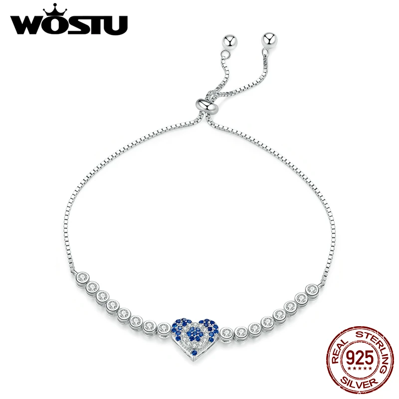 WOSTU Настоящее серебро 925 пробы ослепительный браслет в форме сердца Синий Циркон